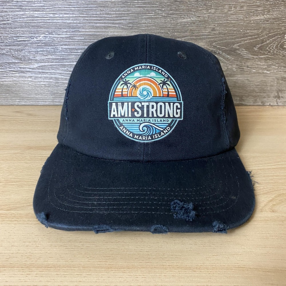 AMI Strong Hat Cap Strap Back Black Distressed Anna Maria Island Graphic Mens